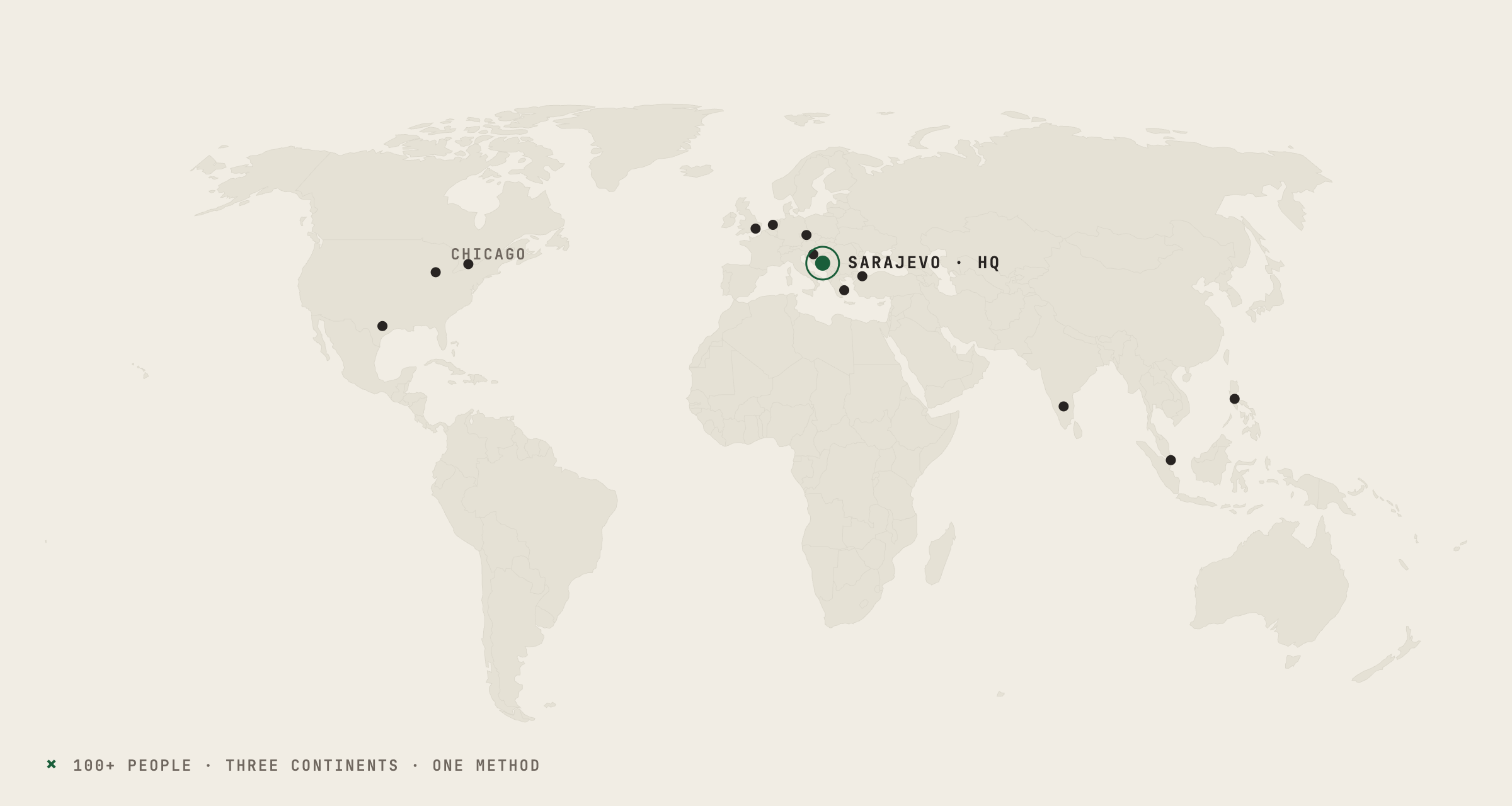 World map showing 10x team locations across three continents, Sarajevo HQ marked in green